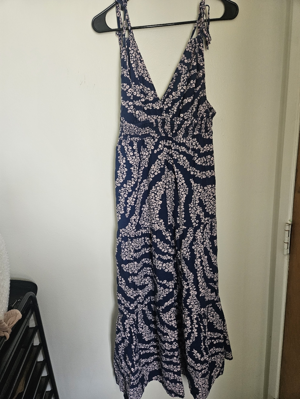 Patrons of Peace Navy Blue Pink Floral Boho Maxi Dress V Neck Open Back Womens M